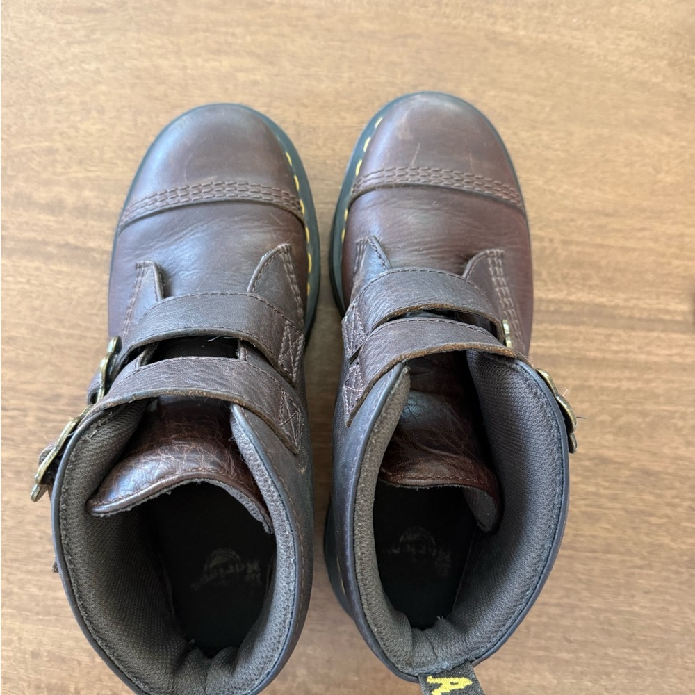 Dr. Martens Dark Brown Leather Platform Flower Buckle Ankle Boots - Picture 4 of 6
